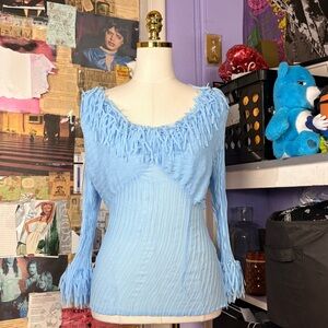 Y2K Kaelyn-Max Light Blue Fringe Textured Top